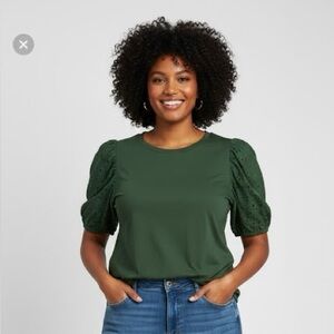 Eloquii | Emerald Green Eyelet Puff Sleeve Blouse - 22/24